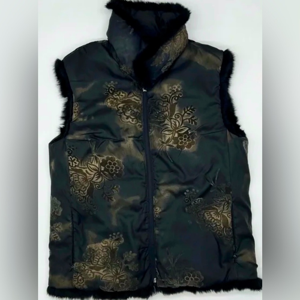 REVERSIBLE VEST 
Winter Quilted Puffer Fur Trim Floral & Black Zip Pockets M